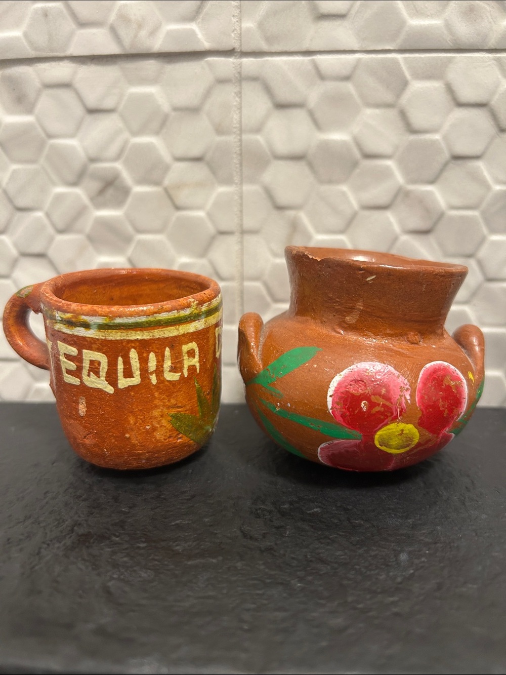 Mexican Hand-Painted Terracotta Mini Pot and Tequila Shot - Handmade